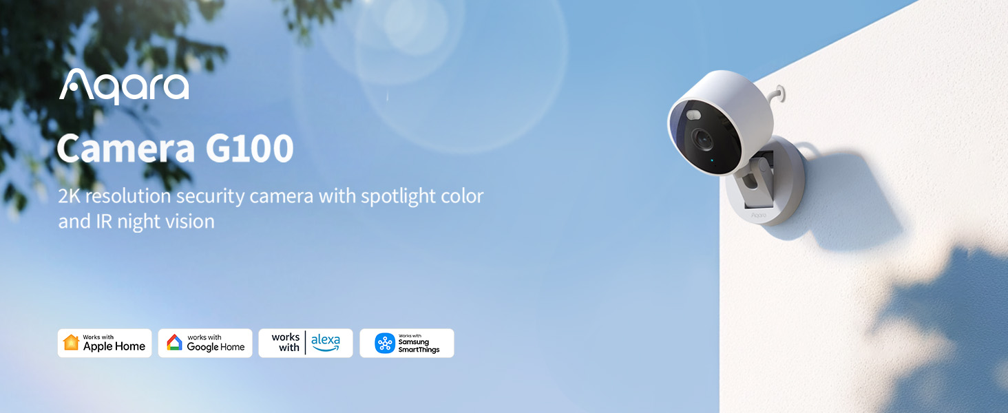 Aqara G100, 2K Indoor/Outdoor Security Camera, HomeKit Secure Video, 2-Way Audio, Spotlight Color/IR Night Vision, AI Detection, 140° FOV, Wi-Fi 6, Supports HomeKit, Alexa, Google and IFTTT, White — product image