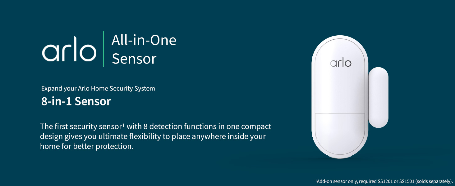 Arlo All-in-One Sensor - 8 in 1 with Open/Close Detection, Motion Sensor, Water Leak Detection, Freeze Detection, Tilt Detection, Smoke Alarm Listening, CO Alarm Listening - 1 Pack, Add-On, MS1001​ — product image