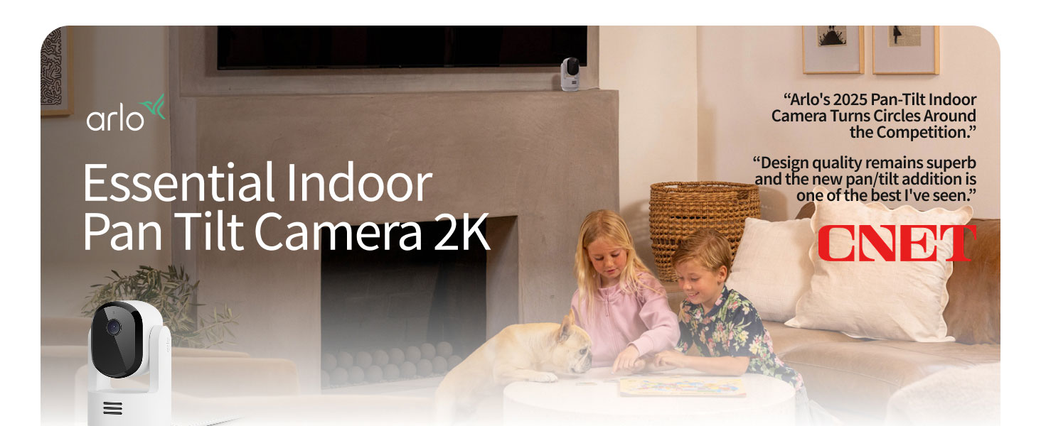 Arlo Essential Indoor Pan Tilt Security Camera 2K (2025 Release) - Wired Plug-in Power, Person Recognition, Animal Detection, Animated Preview, 1-Month Secure Plan, Auto Motion Tracking, 1 Cam, White — product image