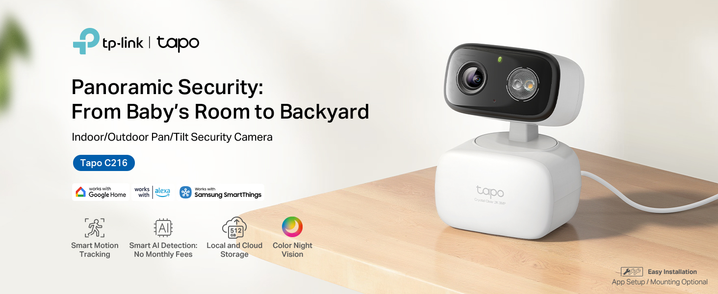 Tapo 2K Indoor/Outdoor Pan/Tilt Wired Security Camera - Baby Monitoring, Person & Baby Cry Detection, 360° Motion Tracking, Night Vision, No-Subscription Local Storage or Optional Cloud, C216 (2-Pack) — product image