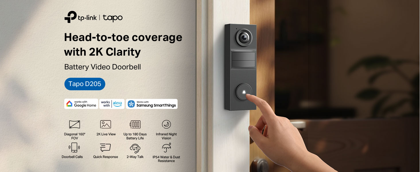 Tapo 2K Wireless Smart Video Doorbell - 160° Ultra-Wide View, Person Detection, 2-Way Talk, Ring Call, Night Vision, Subscription-Free Local Storage or Optional Cloud, D205 — product image