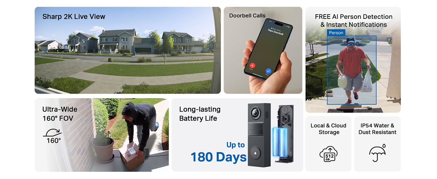 Tapo 2K Wireless Smart Video Doorbell - 160° Ultra-Wide View, Person Detection, 2-Way Talk, Ring Call, Night Vision, Subscription-Free Local Storage or Optional Cloud, D205 — product image