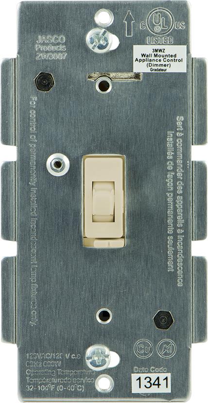 In-Wall Toggle Style Incandescent Light Dimmer, No Neutral, Light Almond